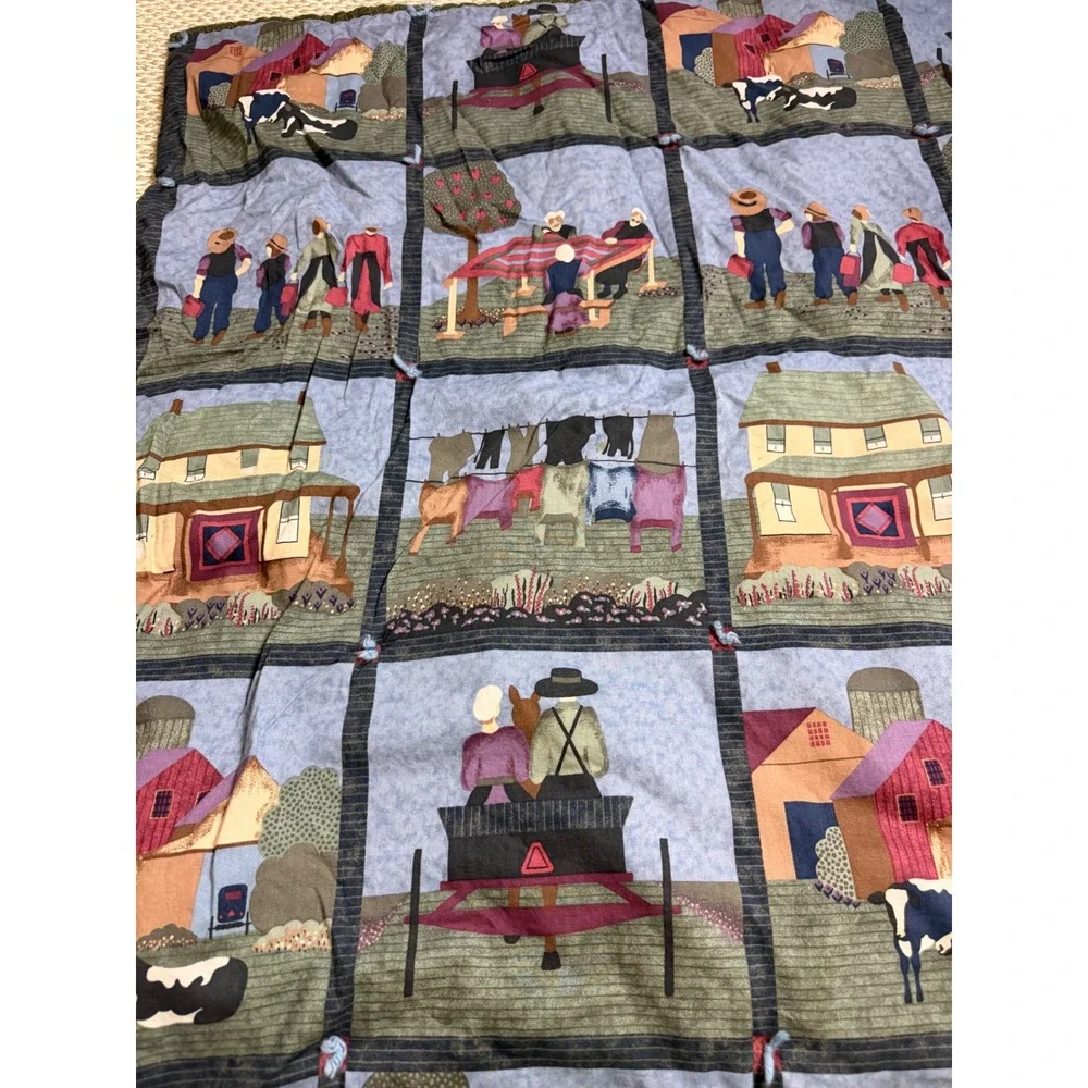 Vintage Amish Country Farmhouse Patchwork Throw Quilt Folk Art Farm Scenes 40x46